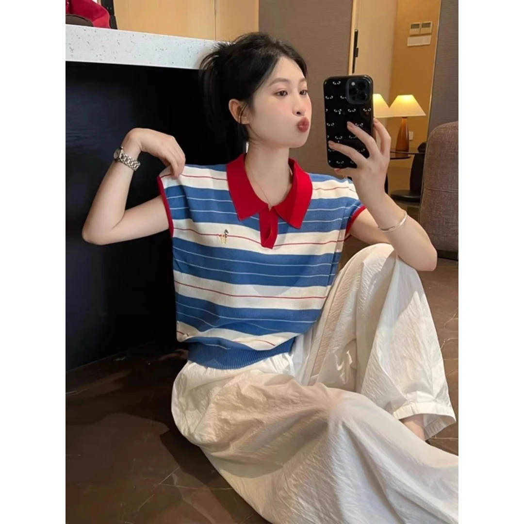 撞色条纹polo领针织冰丝小飞袖短款上衣女夏季小个子正肩短袖t恤