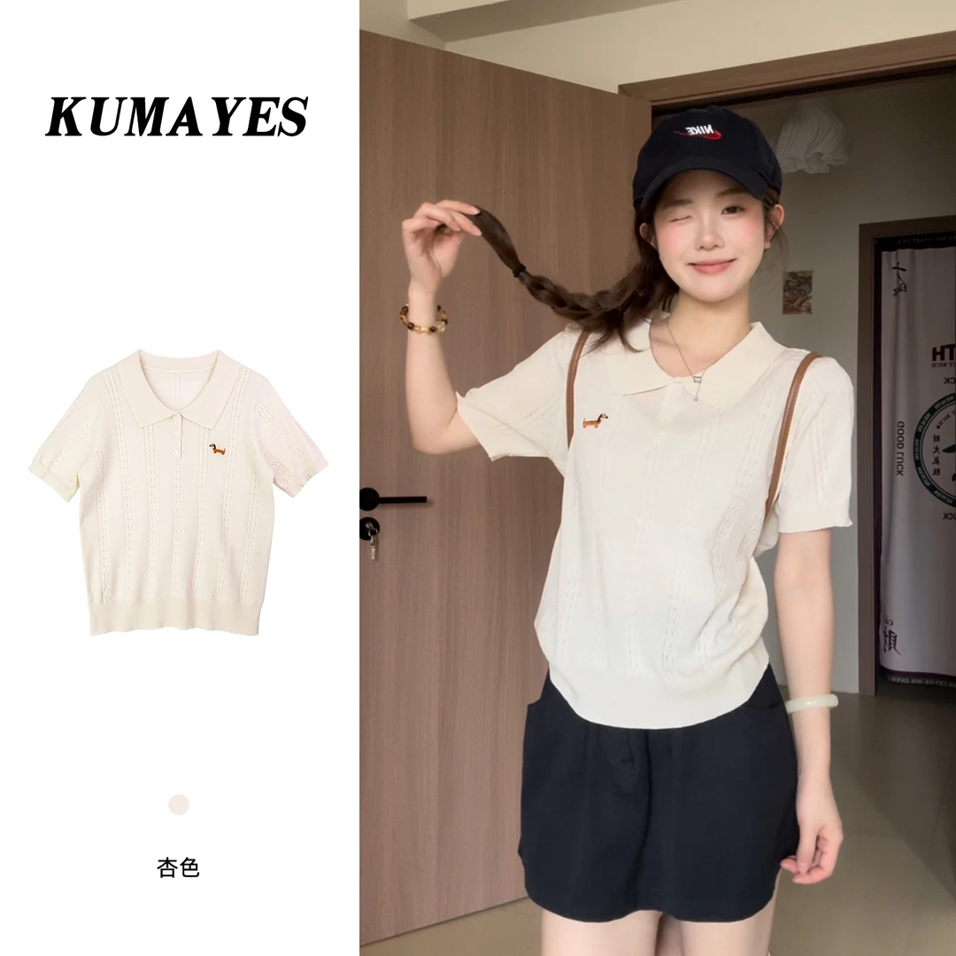 KUMAYES美式复古麻花刺绣polo领短袖针织衫女2025学院风宽松上衣