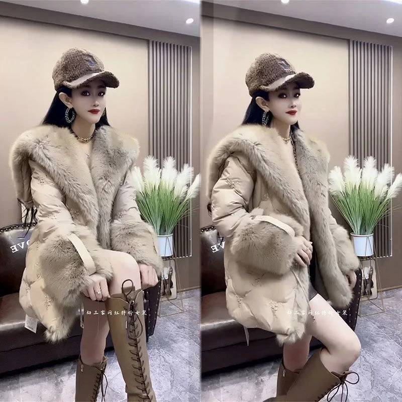 欧货冬季新款韩版时尚棉服女仿狐狸毛领宽松仿皮草外套大衣潮