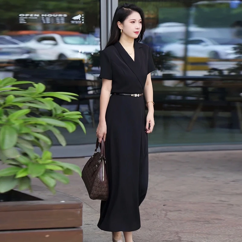 时尚长裙收腰连衣裙优雅V领夏季气质短袖设计师裙子女神范Q8030