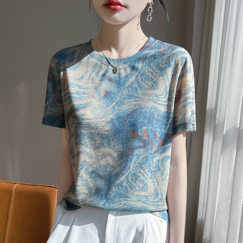 莱赛尔 女士圆领短袖宽松版上衣T桖 （水云蓝 ）