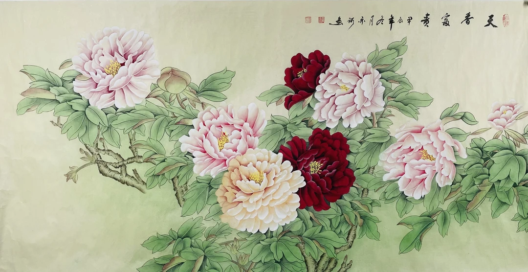 工笔国画-天香富贵-138x69厘米-客厅、茶室必选