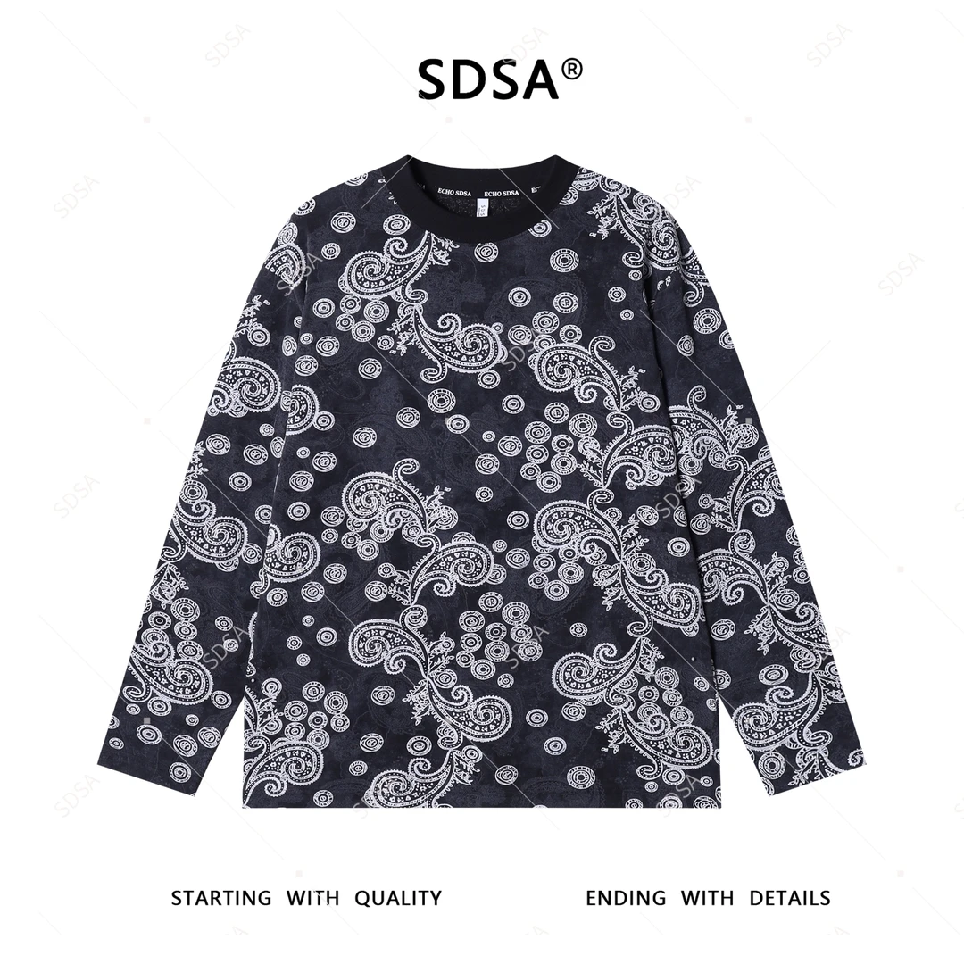 SDSA男士2025新款轻奢痞帅男装撞色提花花卉设计圆领长袖T恤舒适