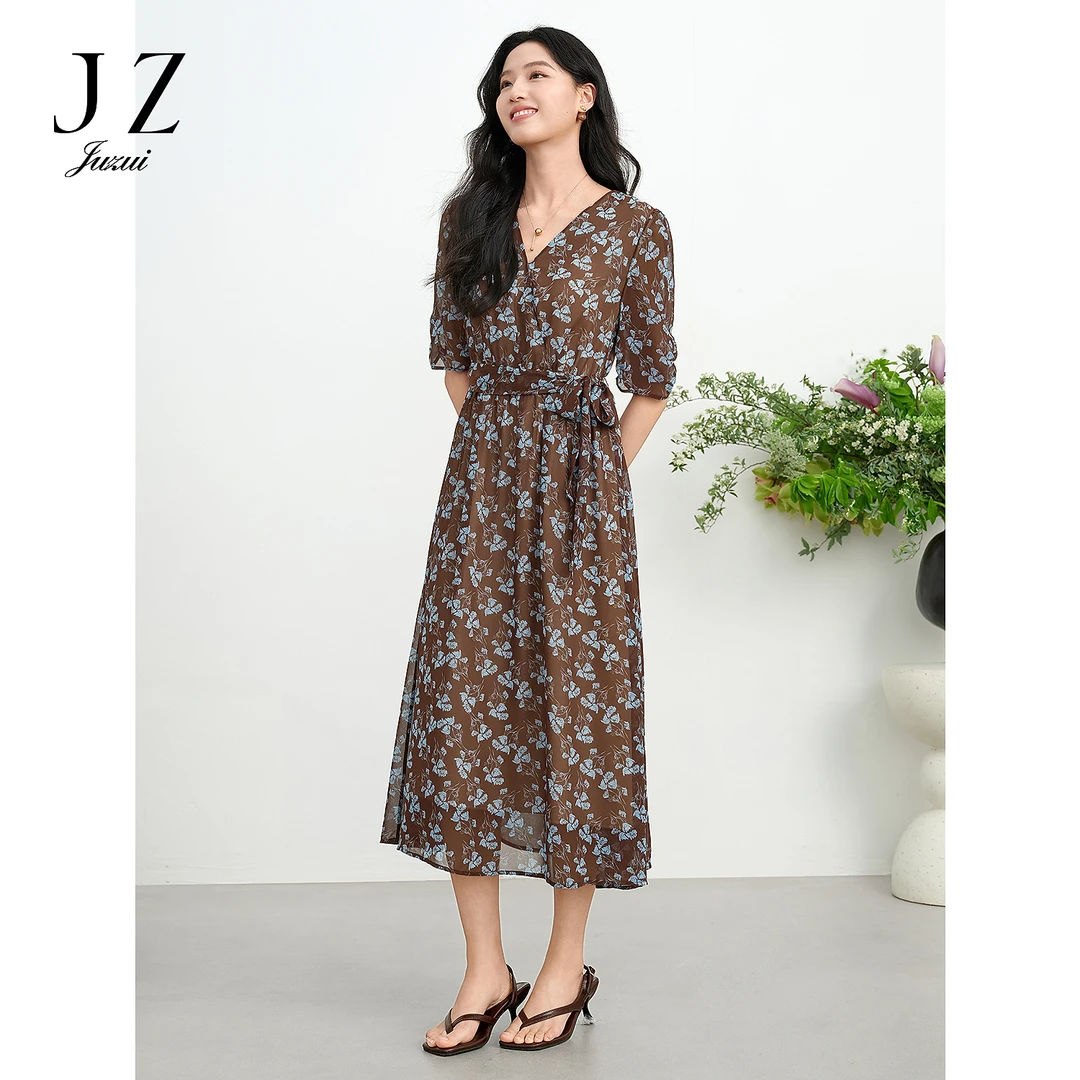 玖姿安娜蔻浪漫碎花垂坠感收腰显瘦连衣裙2025夏季新款JTFX50023