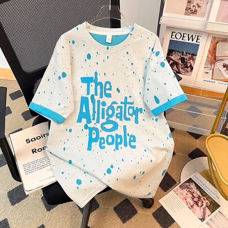 胖妹妹大码美式设计感烧花破洞撞色短袖T恤女装夏季宽松遮肉上衣