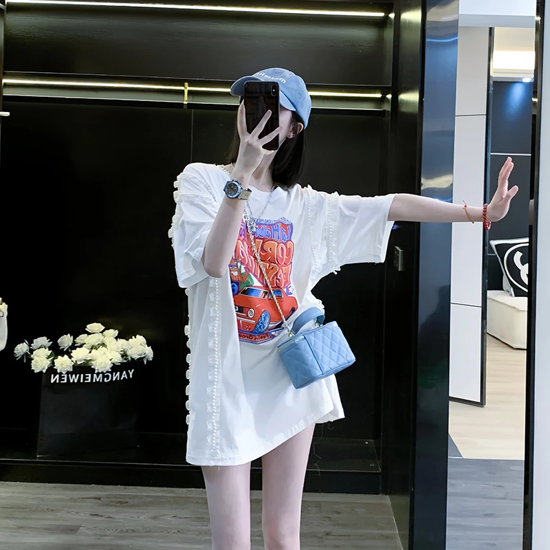 白色短袖t恤女夏季宽松2025新款减龄显瘦独特圆领设计感小众上衣