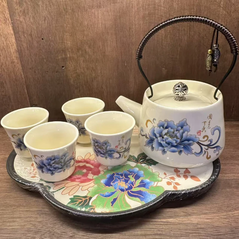 ZH2632-牡丹提梁一壶四杯+牡丹茶盘