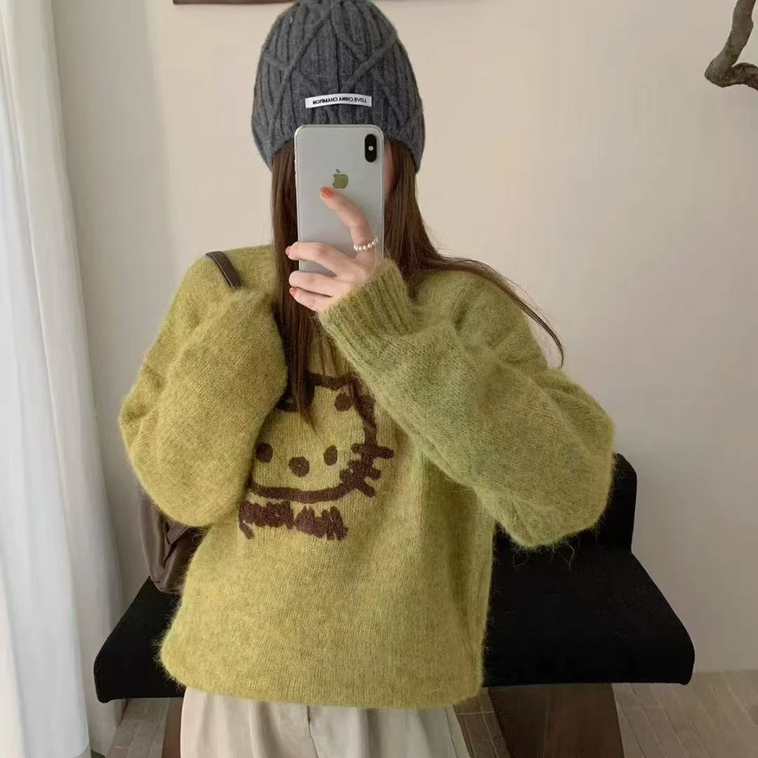 【晨浠定制】新款卡通猫咪圆领针织上衣308