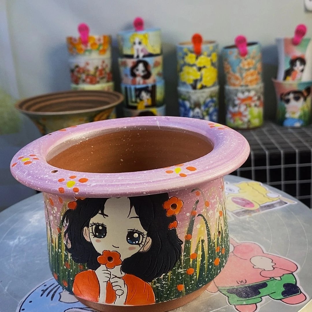 紫砂花盆红陶手绘花盆