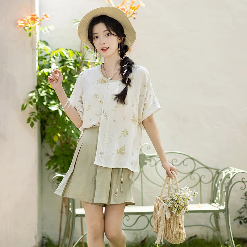 池夏【夏至:叶语】唐褙子人棉印花日常百搭短裤原创改良汉服女 夏