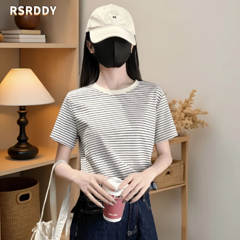 RSRDDY宽松款短袖横条纹t恤女夏季半袖正肩复古高级感超好看上衣