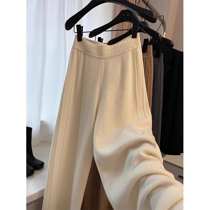 秋冬新款慵懒风加大码300斤针织长裤情侣纯色高腰显瘦垂感休闲裤