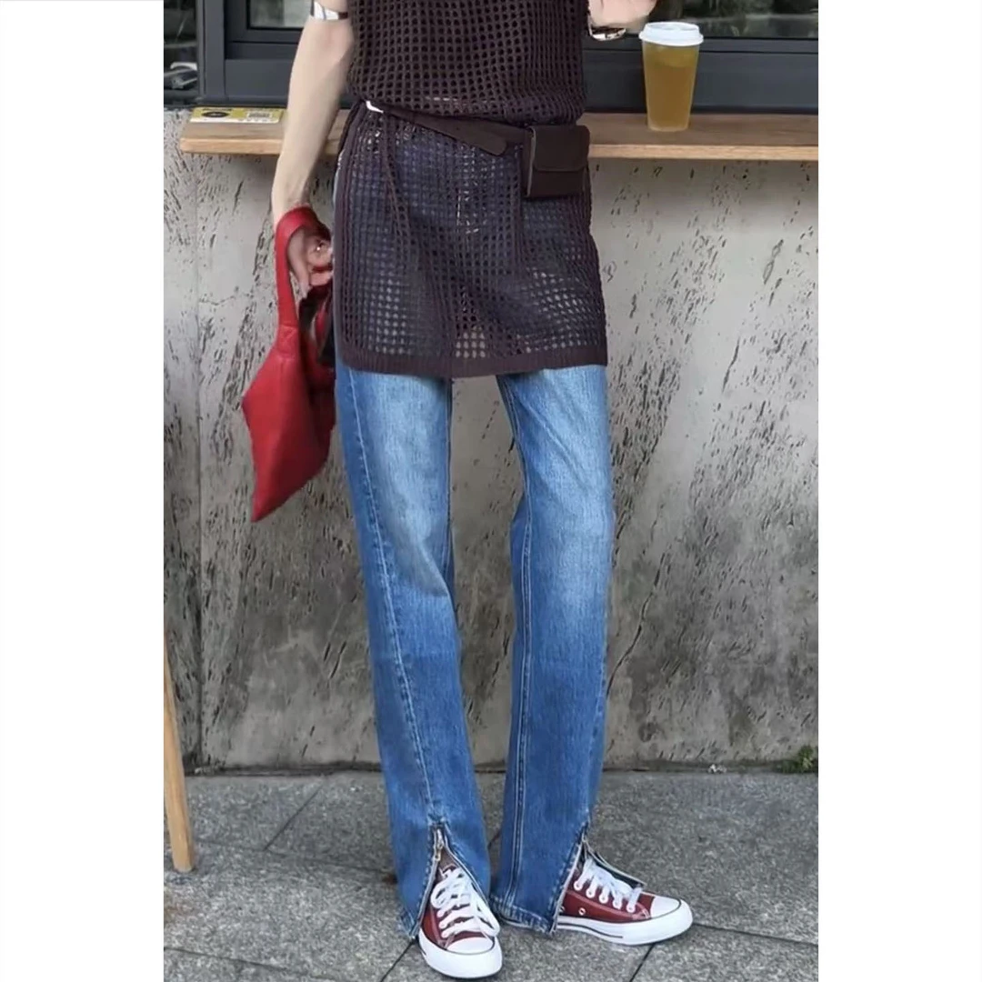 艾塔莉早秋新款拖地长裤开叉牛仔裤高腰宽松百搭修身显瘦设计感女