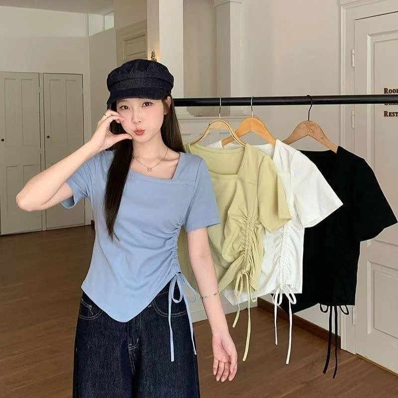 2025夏季新款胖mm大码女设计感不规则抽绳小众短袖T恤出游服装女
