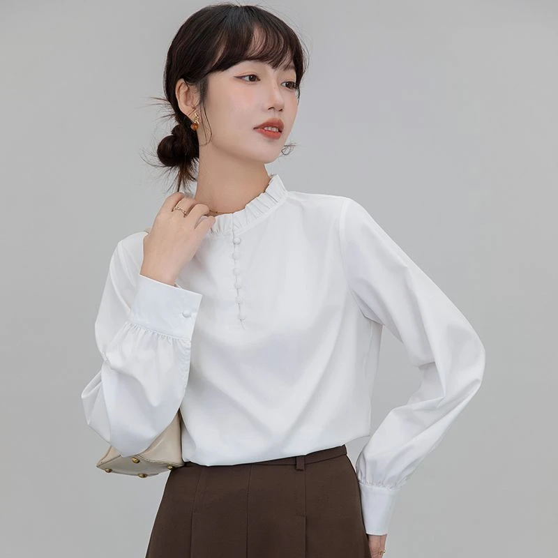 2025早春衬衫女士白色职业通勤宽松衬衣法式设计感长袖套头上衣潮