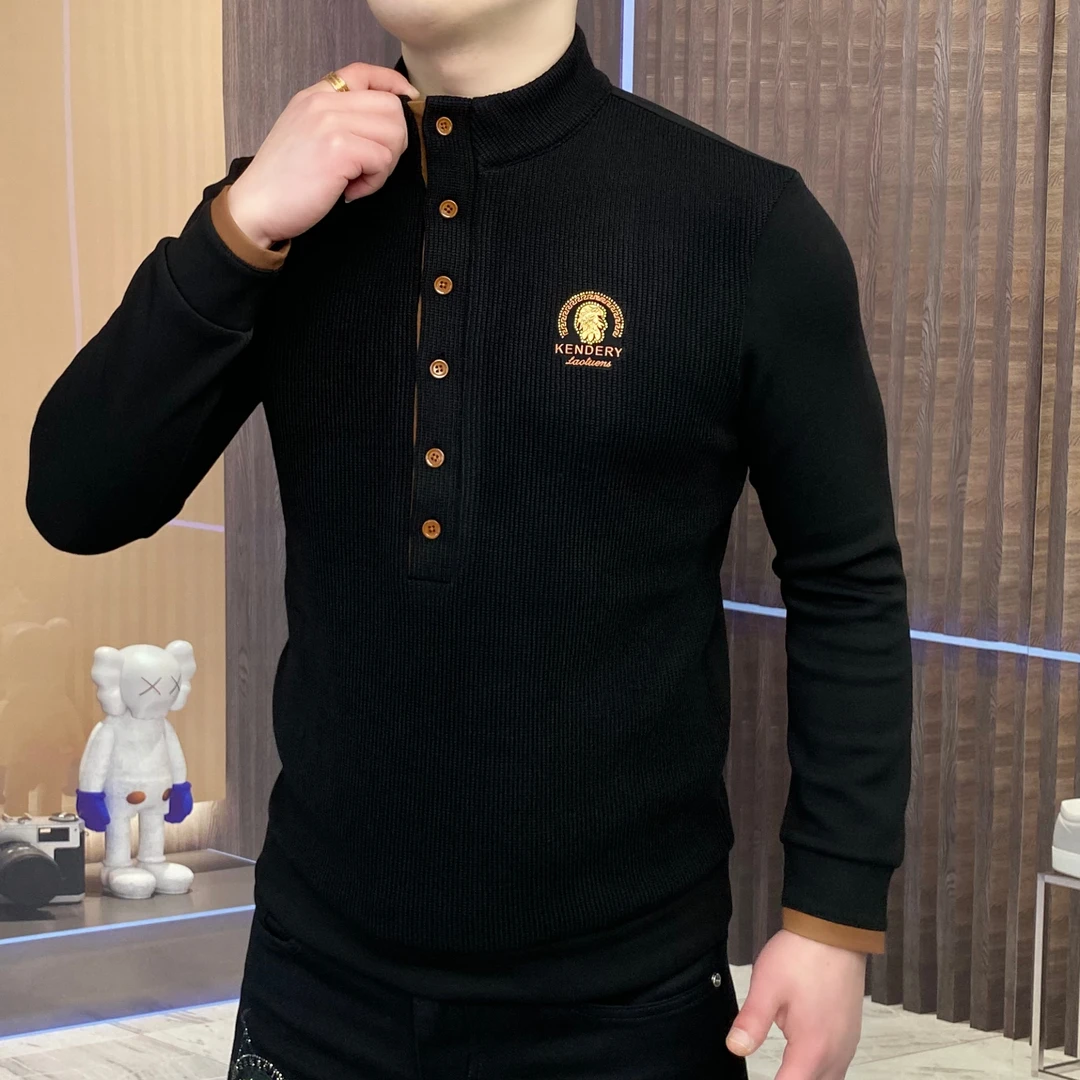 打底衫男士长袖时尚修身秋冬拼接针织轻奢休闲潮流加绒立领CLY-64