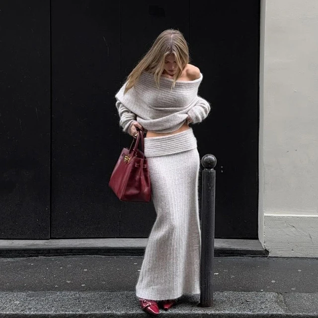 慵懒风一字肩毛衣+鱼尾半身裙两件套秋季新款辣妹时尚套装 潮