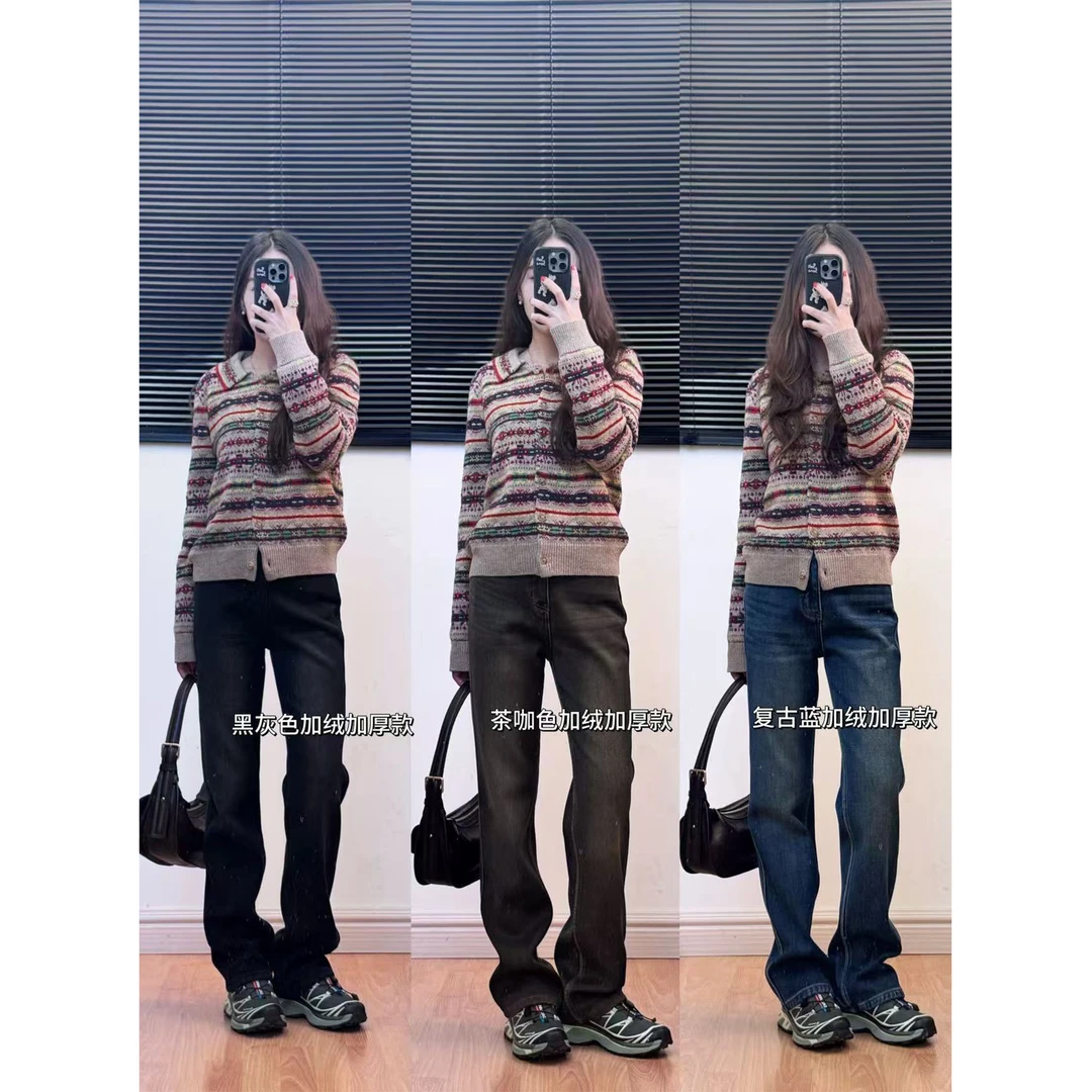 【宇宙电台】加绒保暖窄版直筒裤冬日刚需暖绒牛仔裤版女装潮牌新款