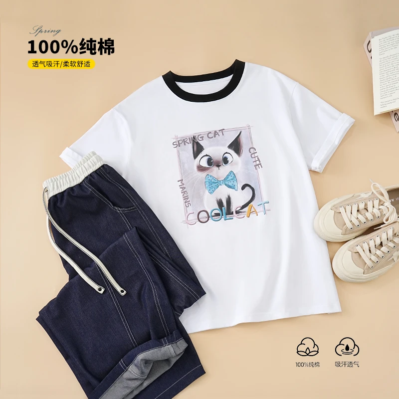 【100%棉】女大童短袖t恤春夏2025新款女童纯棉初中生儿童半袖上衣