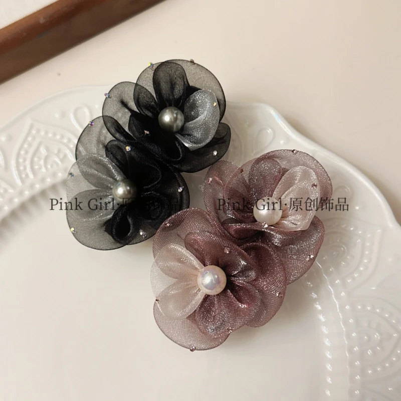 Pink Girl T159手工欧根纱花朵弹簧夹简约时尚优雅8cm淑女超仙