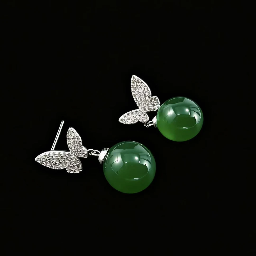 925银耳饰 ——木木（M244）纯银满镶蝴蝶耳饰珠珠10毫米