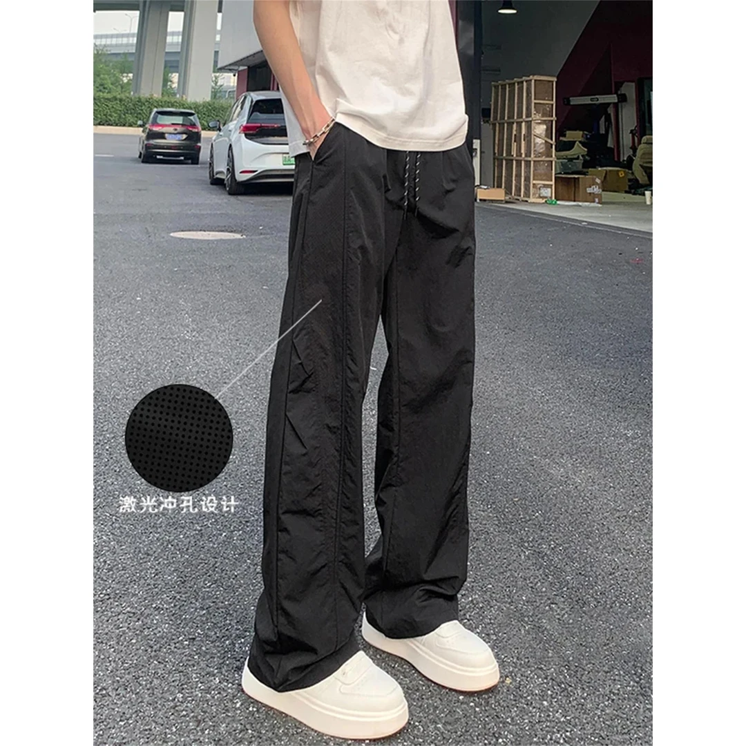 夏季轻薄速干裤子男设计感网孔拼接透气直筒阔腿裤情侣显瘦休闲裤