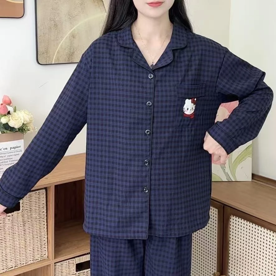 新款蓝格猫咪春秋季休闲薄款长袖长裤睡衣家居服女套装
