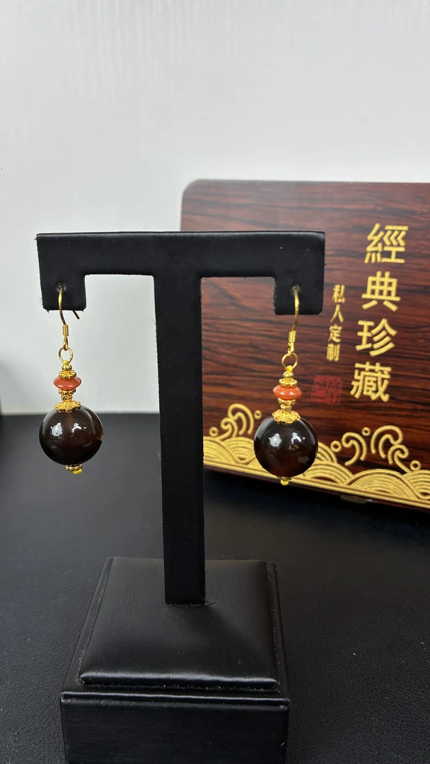 噶玛珠宝琥珀紫罗兰紫蜜14mm大单珠耳坠