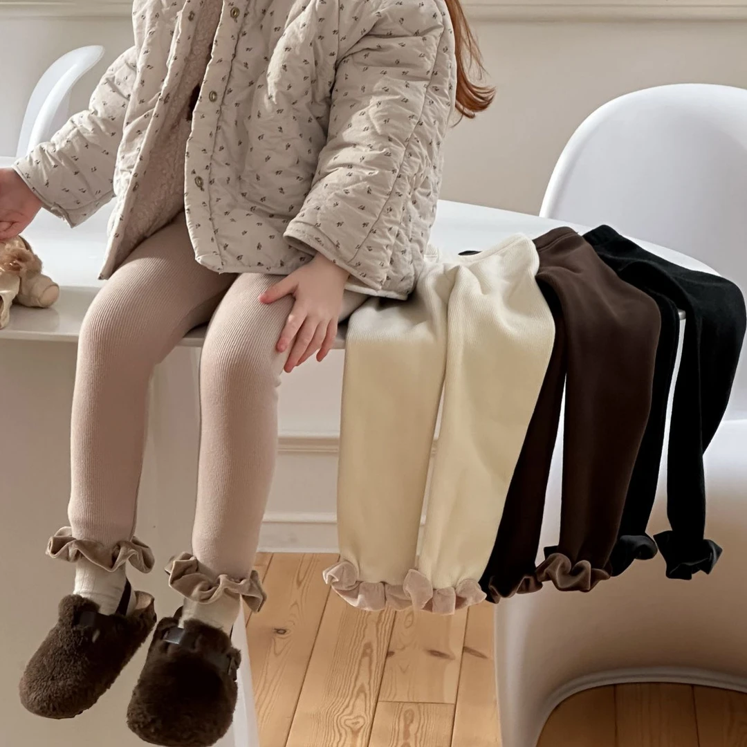 【冬】新款女童一体绒打底裤2025冬季新款丝绒花边脚口加绒弹力裤