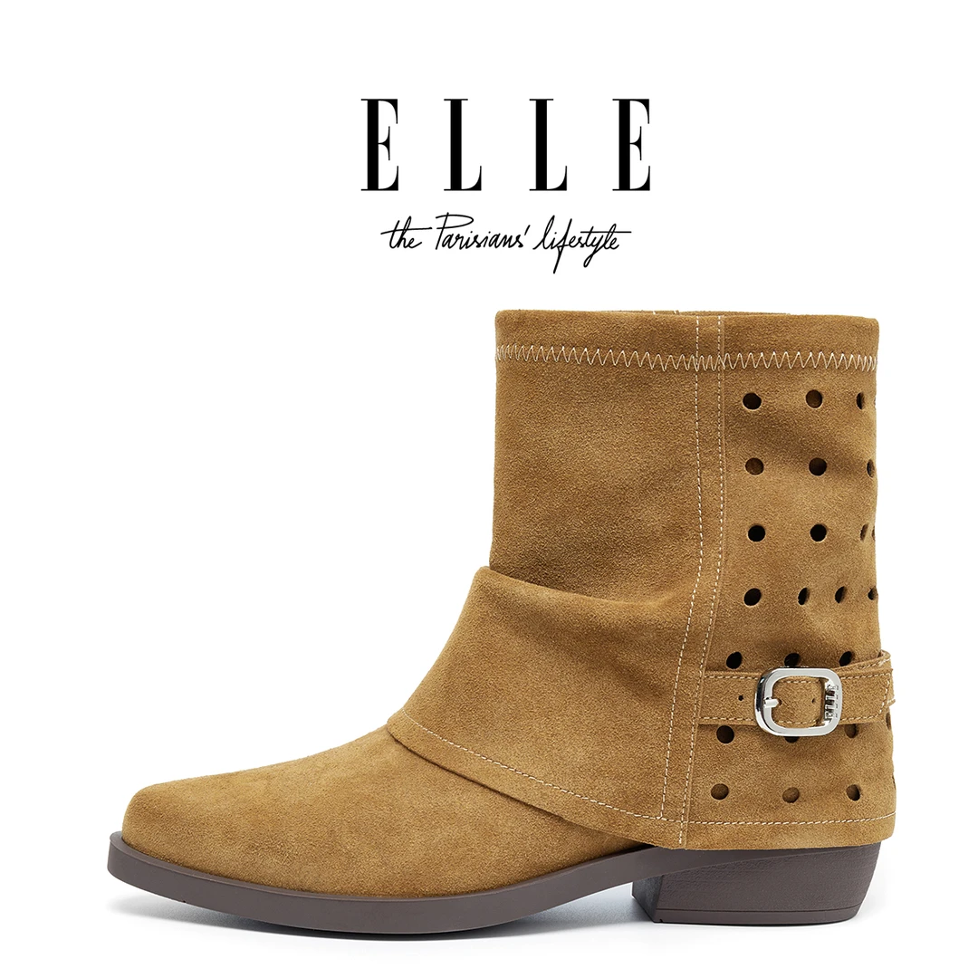 ELLE琥珀流光风裤管靴女士尖头镂空堆堆靴复古西部靴显瘦时装短靴