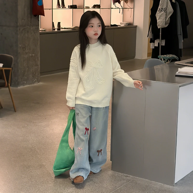 女童蝴蝶结毛衣秋冬季2025新款中大童洋气穿搭儿童冬季打底针织衫