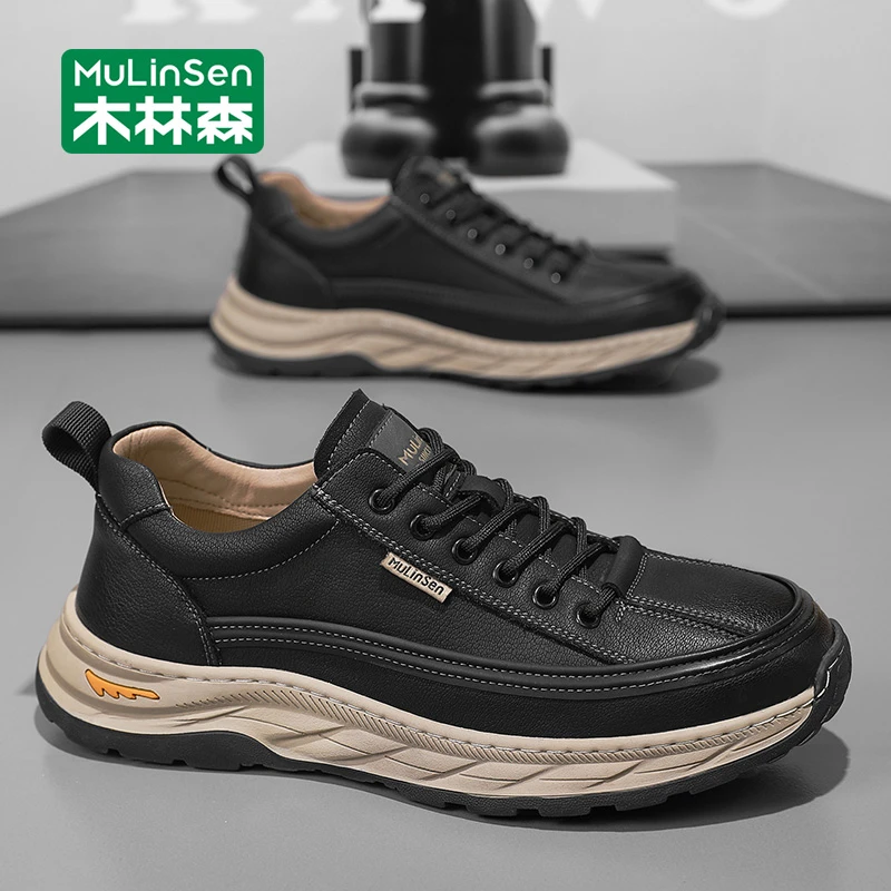 木林森男鞋2025新款秋季休闲鞋皮面防水防滑厚底耐磨运动鞋男款