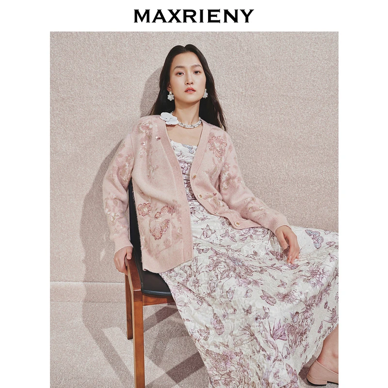 【诗语专属】MAXRIENY浪漫感粉玫瑰印花毛衫外套