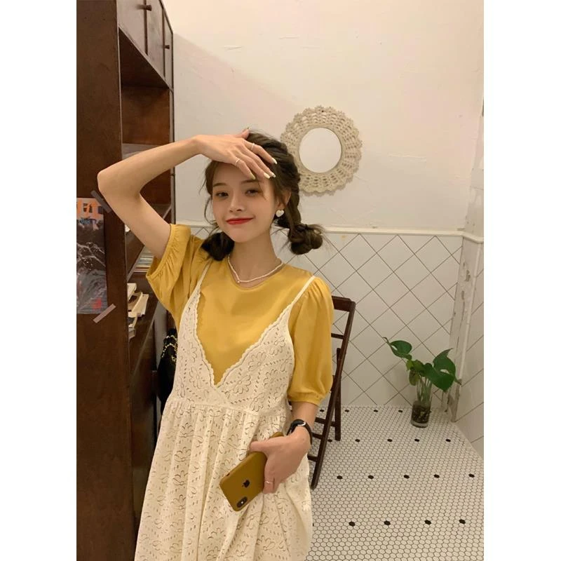 7628元气少女蕾丝吊带裙+纯色内搭套装C313