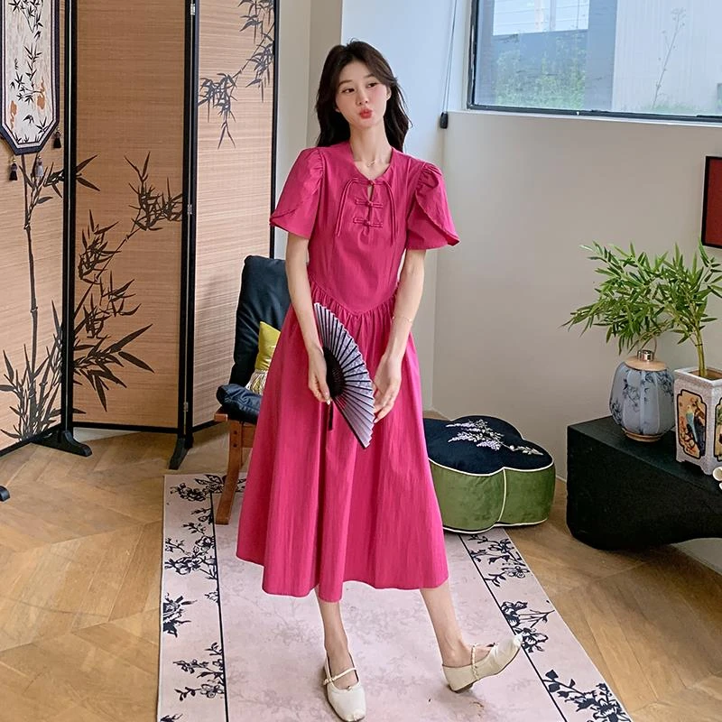 新中式火龙果色气质盘扣连衣裙女夏季2025新款收腰显瘦小众连衣裙
