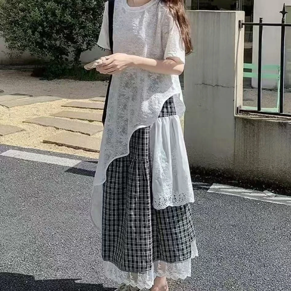 S1953儿童长款短袖上衣+蕾丝边格子半裙