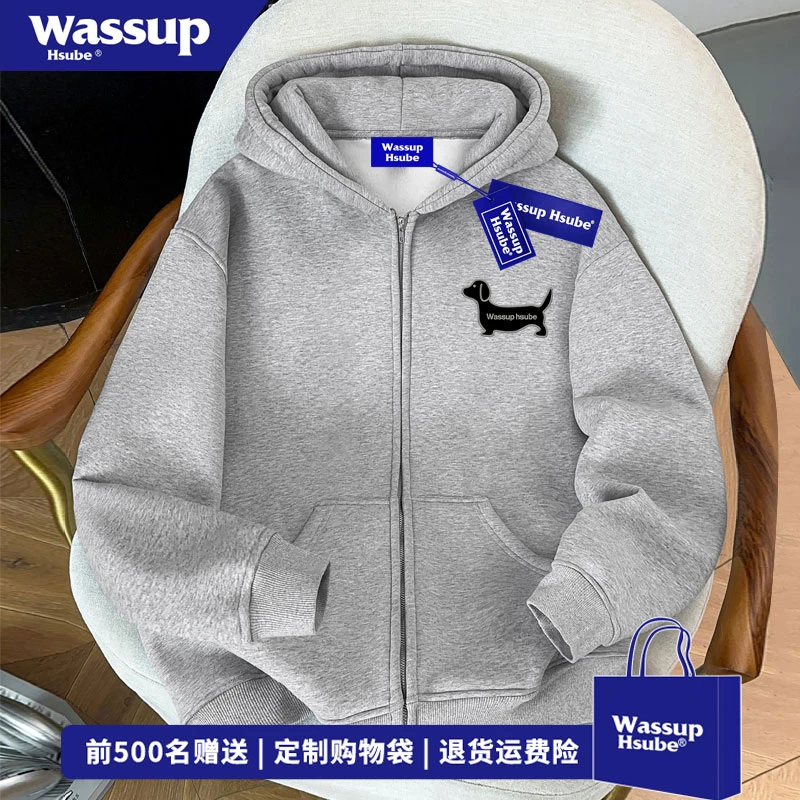 WASSUP HSUBE 简约小狗印花开衫卫衣秋冬季男女同款百搭连帽外套