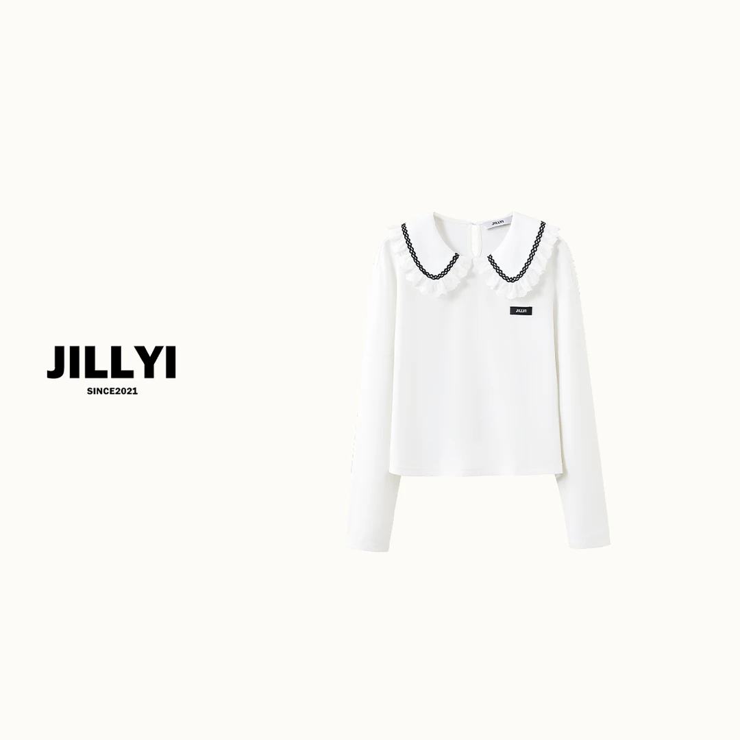 jillyi【暖白少女】白色蕾丝娃娃领拼接黑色条纹春夏季时尚百搭T恤