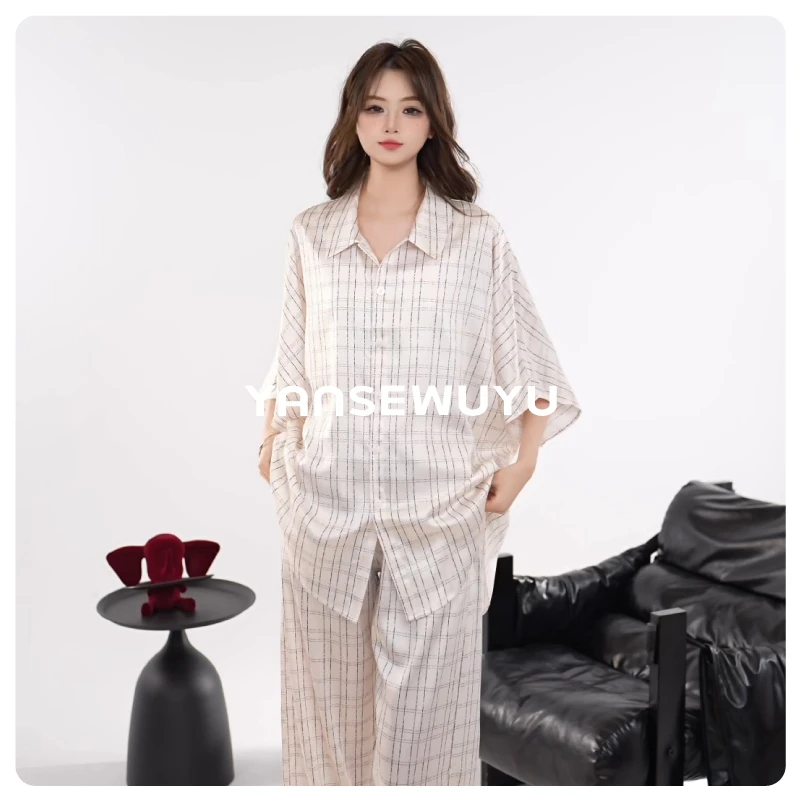 妍色物语【悠影清格】小香格纹爆款家居服月光绸睡衣女套装四季款