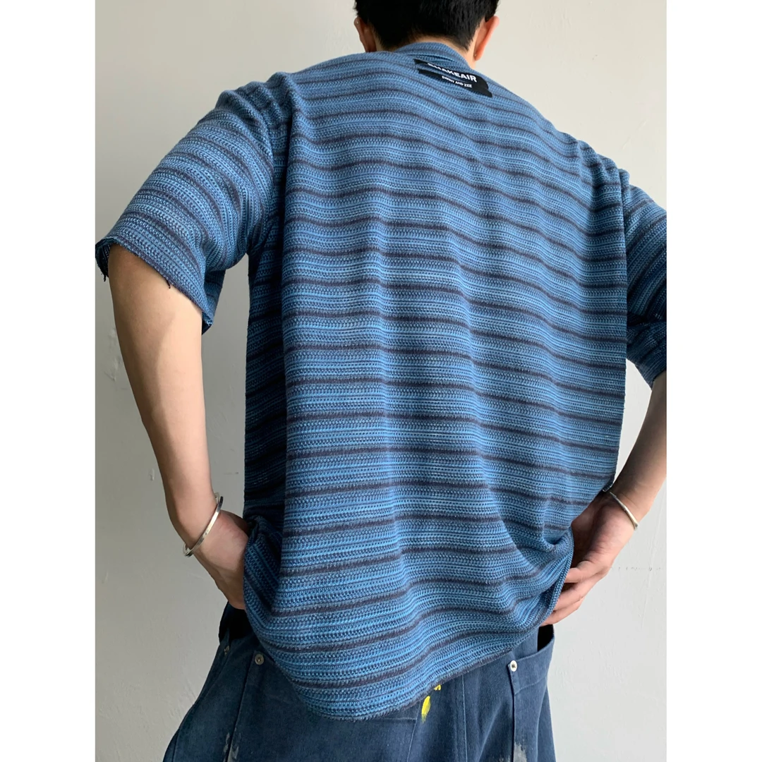 dannyandzee夏季复古蓝黑撞色镂空提花条纹贝壳扣短袖衬衫男761