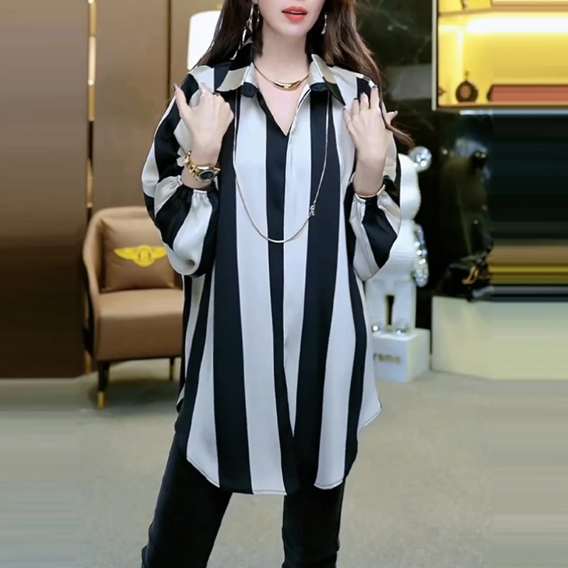 时尚休闲宽松遮肉通勤翻领衬衫女2026秋季新款设计感长袖百搭衬衣