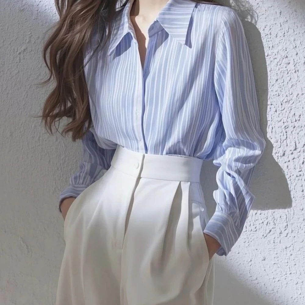 哥弟阿玛施正早秋新款小众气质竖条纹内搭通勤洋气长袖百搭衬衫女