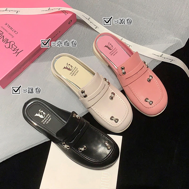 欧洲站2025春季新款牛皮软底懒人包头半拖平底舒适百搭女鞋