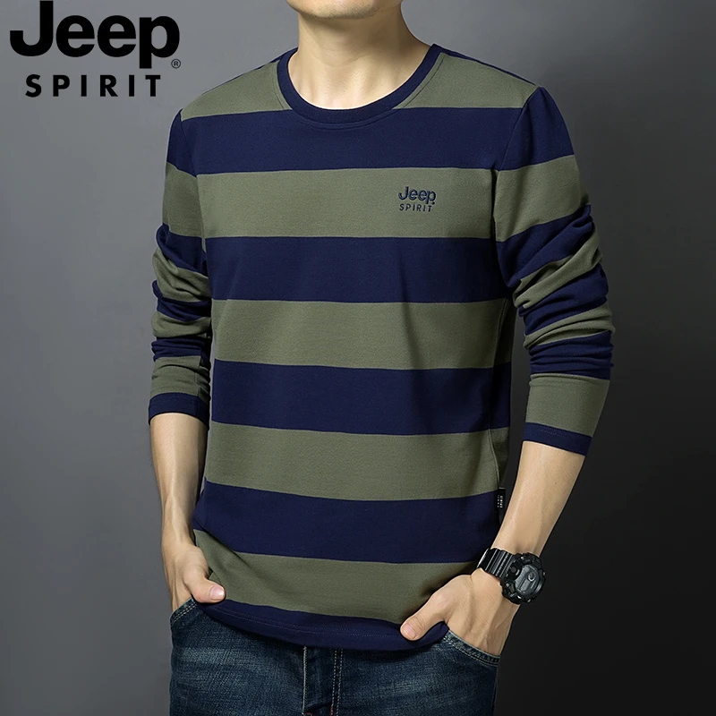 JEEPSPIRIT圆领条纹长袖T恤2025套头宽松大码撞色上衣男装打底衫