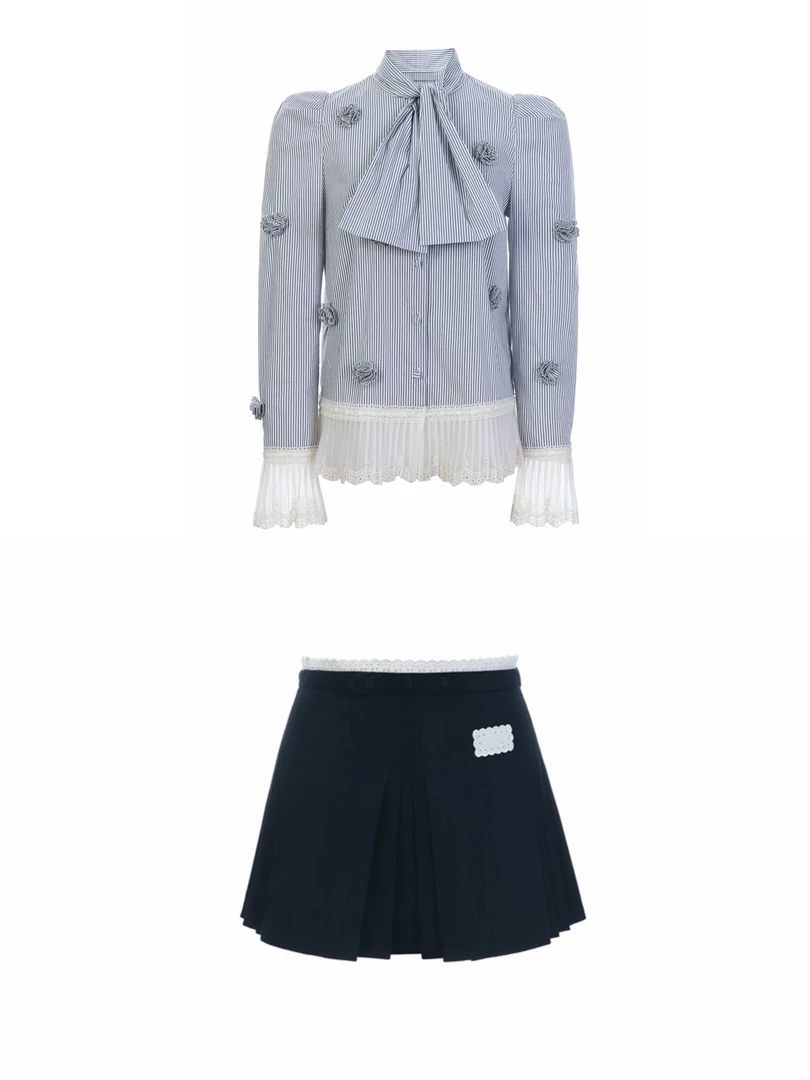 66(韩系温柔风) 立体花朵拼接刺绣蓝色条纹衬衫女2025春气质上衣