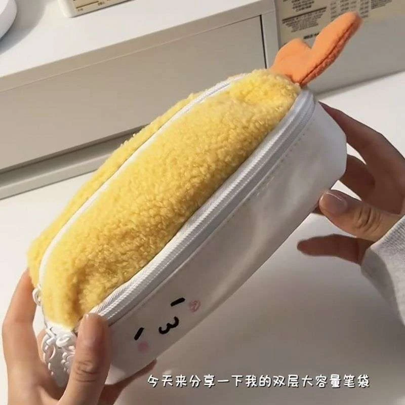 炸虾笔袋可爱卡通毛绒文具袋大容量收纳包女初中多功能新款ins