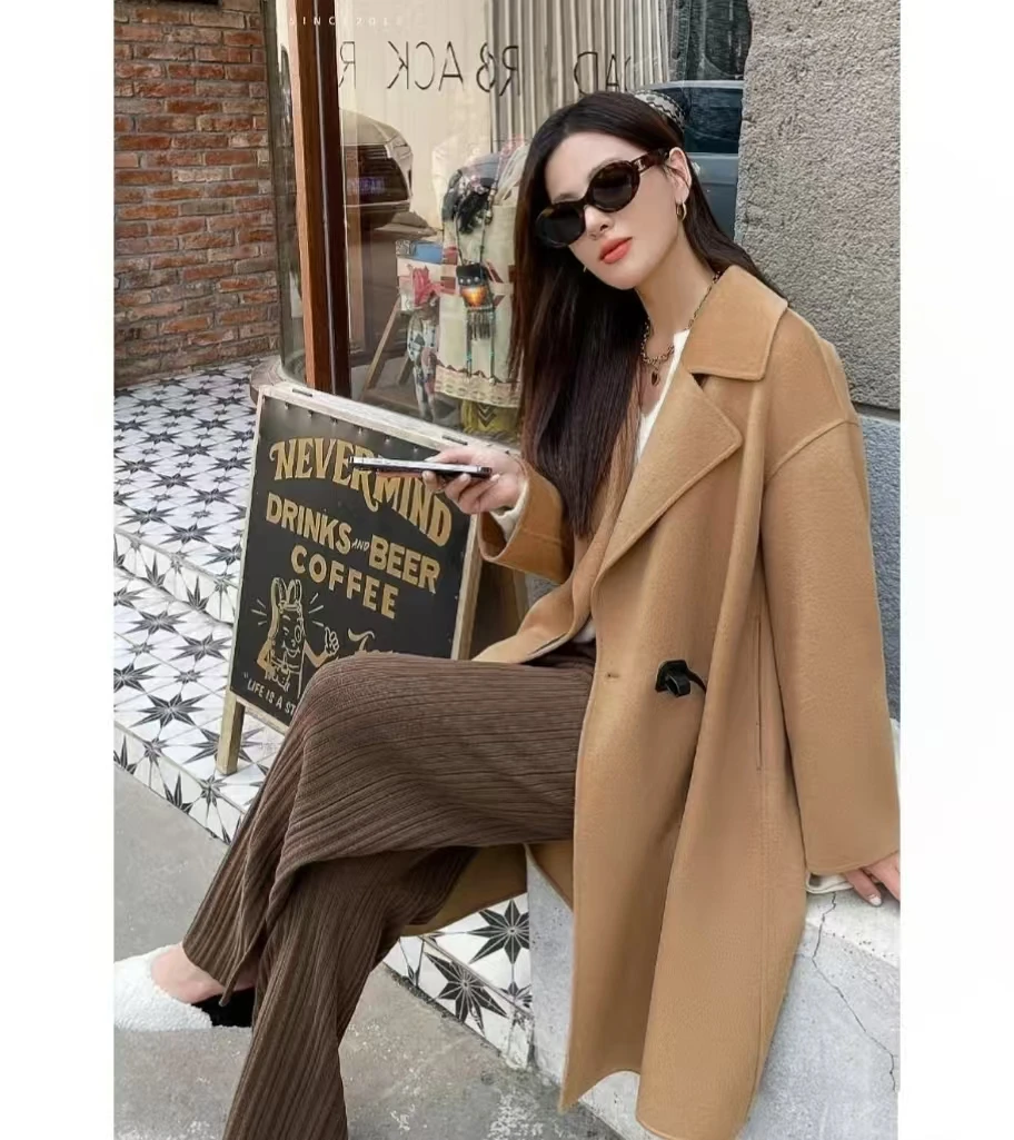 D853新款2025轻奢高级感美拉德色系羊毛呢子大衣女秋季气质百搭款