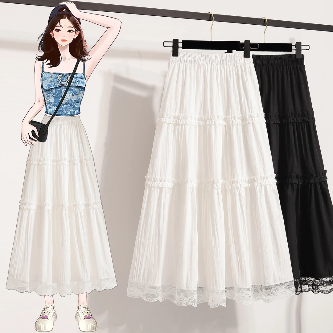 白色拼接蛋糕裙2025夏新款半身裙女百搭显瘦高腰中长款a字裙伞裙