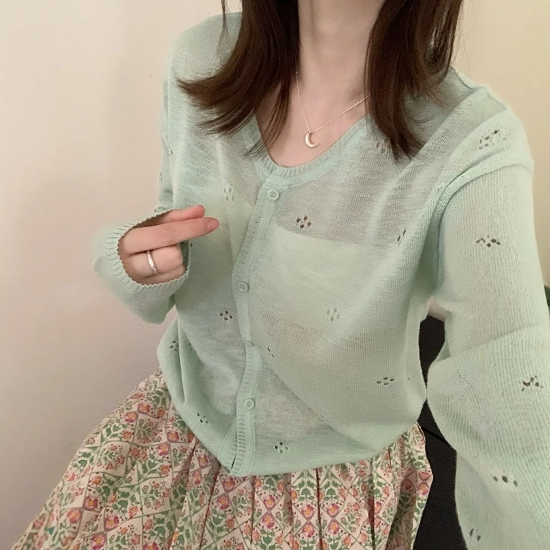 Ucool Rmode镂空针织开衫外套女夏季薄款宽松空调防晒长袖上衣