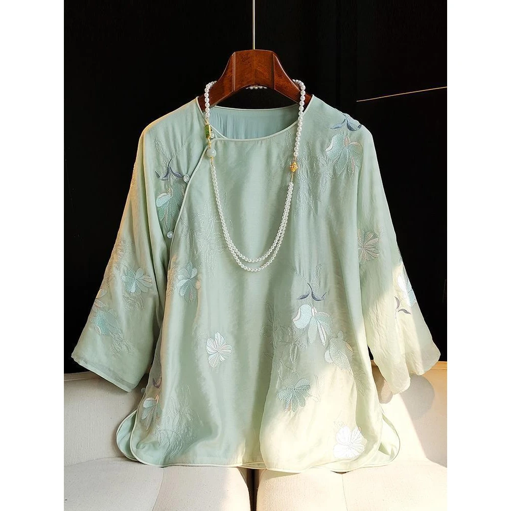 改良中国风圆领绣花上衣女2023夏季新款复古斜襟盘扣休闲国潮衬衫